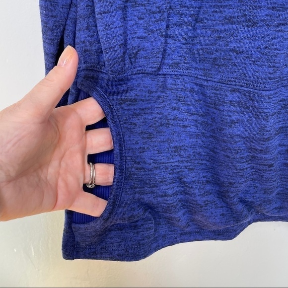 Athleta Heathered Blue Hooded Top Kangaroo Pocket Cross Neck Drop Waist Size S - Picture 13 of 15